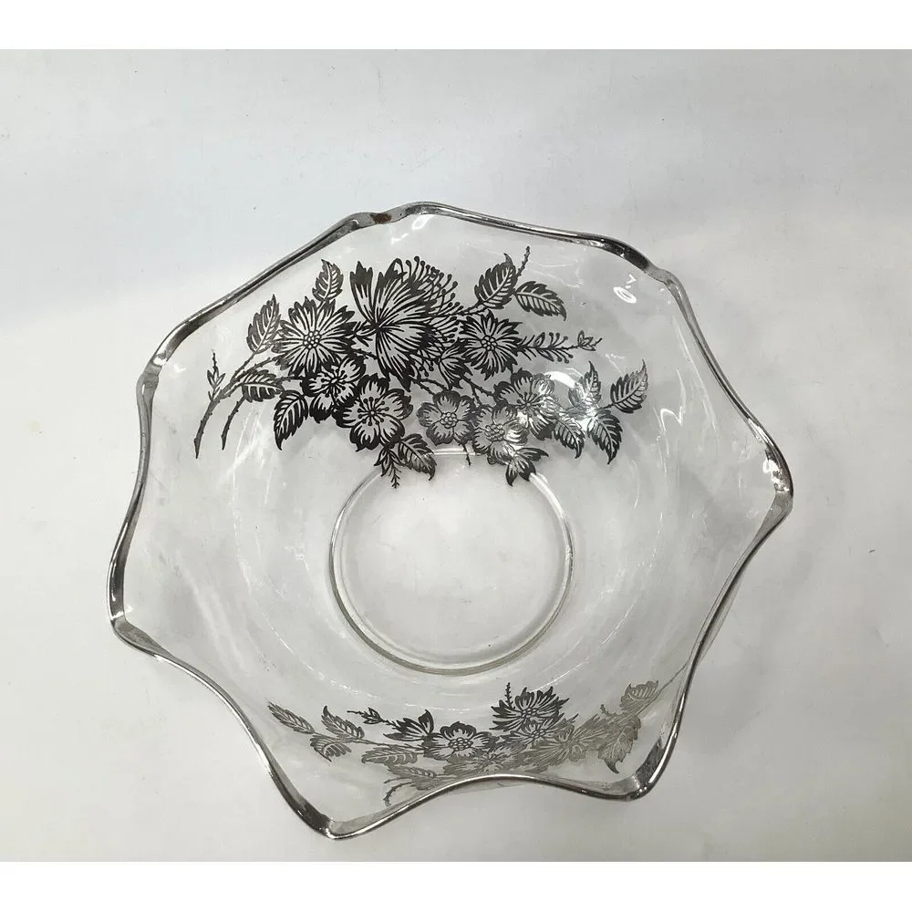 Vintage Silver Overlay Clear Glass Bowl Flowers Scalloped Edge Footed Candy Dish